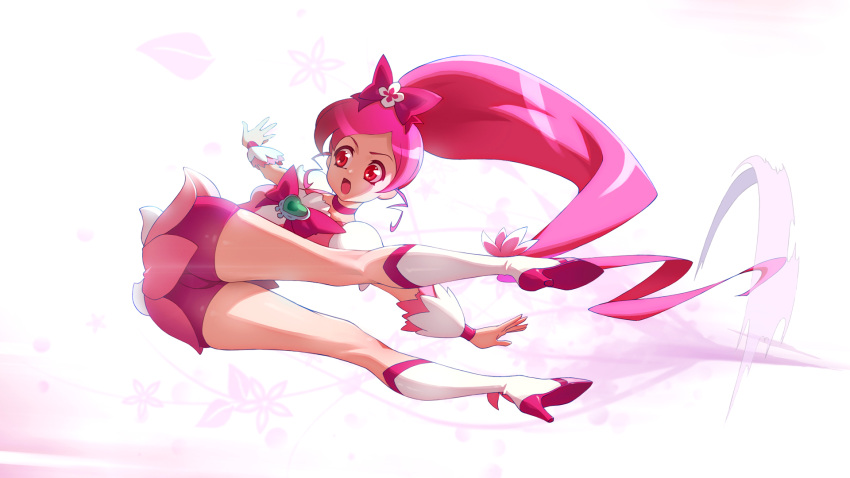 ass bow brooch choker cure_blossom female hairbow heart heart_brooch heartcatch_precure! high_heels highres jewelry long_hair magical_girl nypdesu open_mouth pink_choker pink_hair pink_wrist_cuffs ponytail precure shorts solo thighs wrist_cuffs