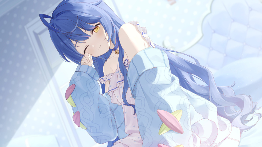 ;3 absurdres ahoge amamiya_kokoro amamiya_kokoro_(6th_costume) bare_shoulders bedroom bell blue_choker blue_hair blue_jacket chemise choker cino_(amairoka) closed_mouth collarbone commentary_request cowboy_shot dot_nose female frilled_shirt frilled_straps frills hair_down hair_intakes heart heart_print highres jacket jingle_bell long_hair long_sleeves looking_at_viewer loungewear nijisanji off_shoulder official_alternate_hairstyle on_bed one_eye_closed puffy_long_sleeves puffy_sleeves shirt sidelighting sitting sleepwear sleeves_past_wrists solo strap_slip swept_bangs three_quarter_view twitter_username virtual_youtuber watermark white_shirt yellow_eyes