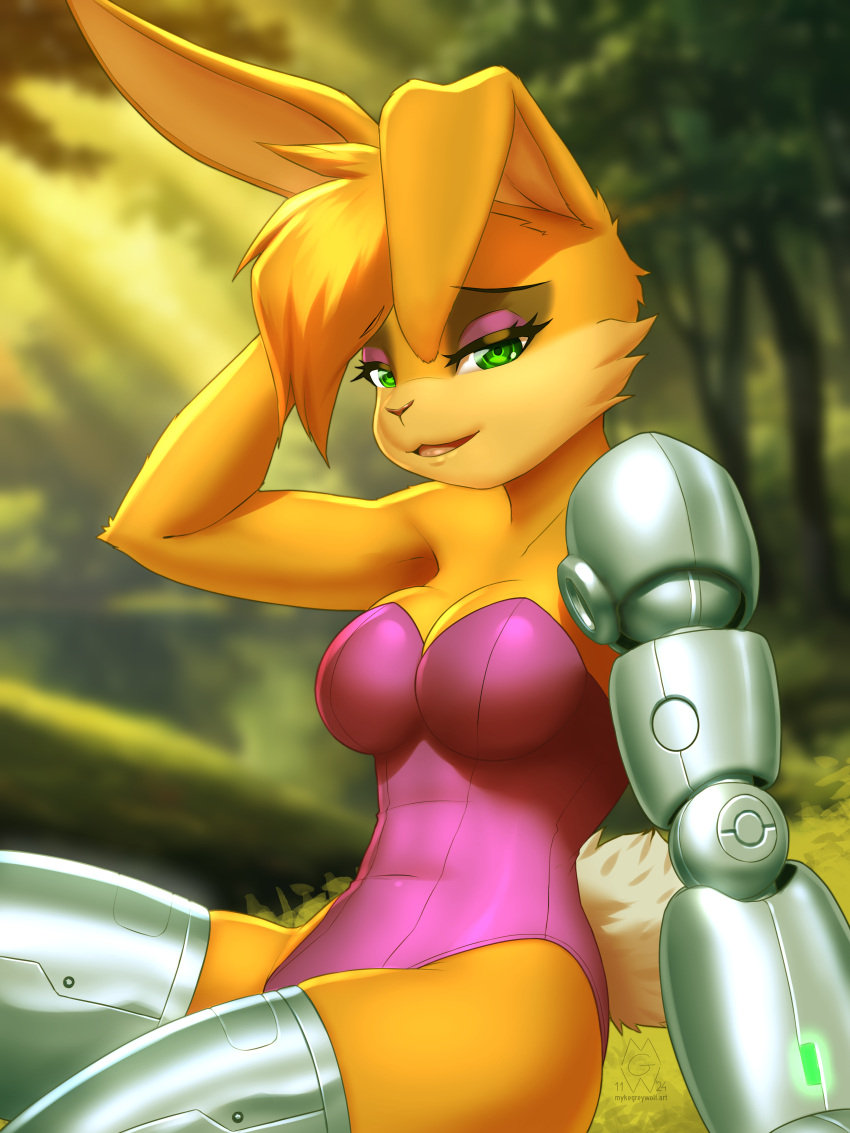 2024 absurd_res anthro archie_comics biped blurred_background breasts bunnie_rabbot clothed clothing cybernetic_arm cybernetic_limb digital_media_(artwork) eyebrows eyelashes female green_eyes hair hi_res lagomorph leporid long_ears mammal medium_breasts mykegreywolf outside rabbit sega solo sonic_the_hedgehog_(archie) sonic_the_hedgehog_(comics) sonic_the_hedgehog_(series) tail