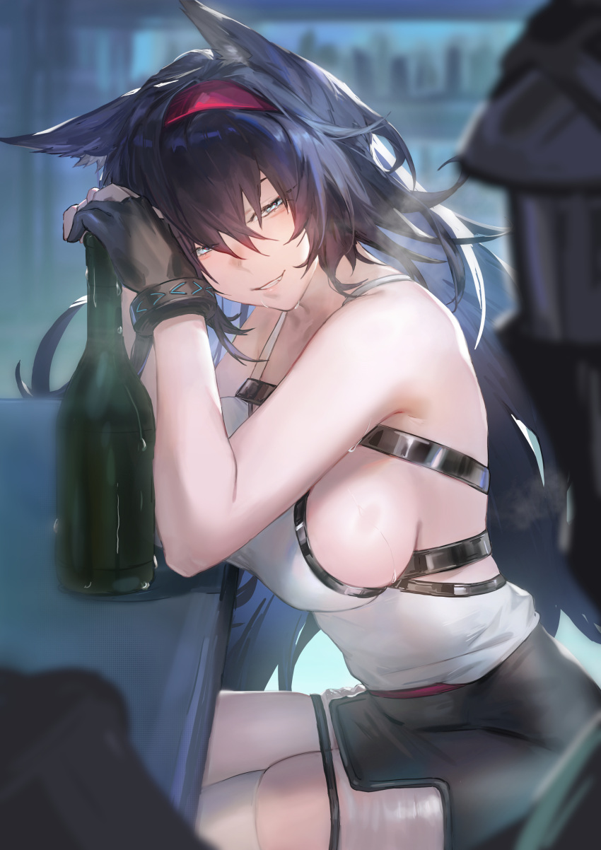 absurdres animal_ears arknights black_gloves black_hair black_skirt blaze_(arknights) blue_eyes bottle breasts cat_ears cat_girl chinese_commentary doctor_(arknights) female gloves highres indoors infection_monitor_(arknights) large_breasts long_hair looking_at_another looking_to_the_side revision shirt sideboob sitting skirt smile solo_focus very_long_hair white_shirt xiaoye_eago