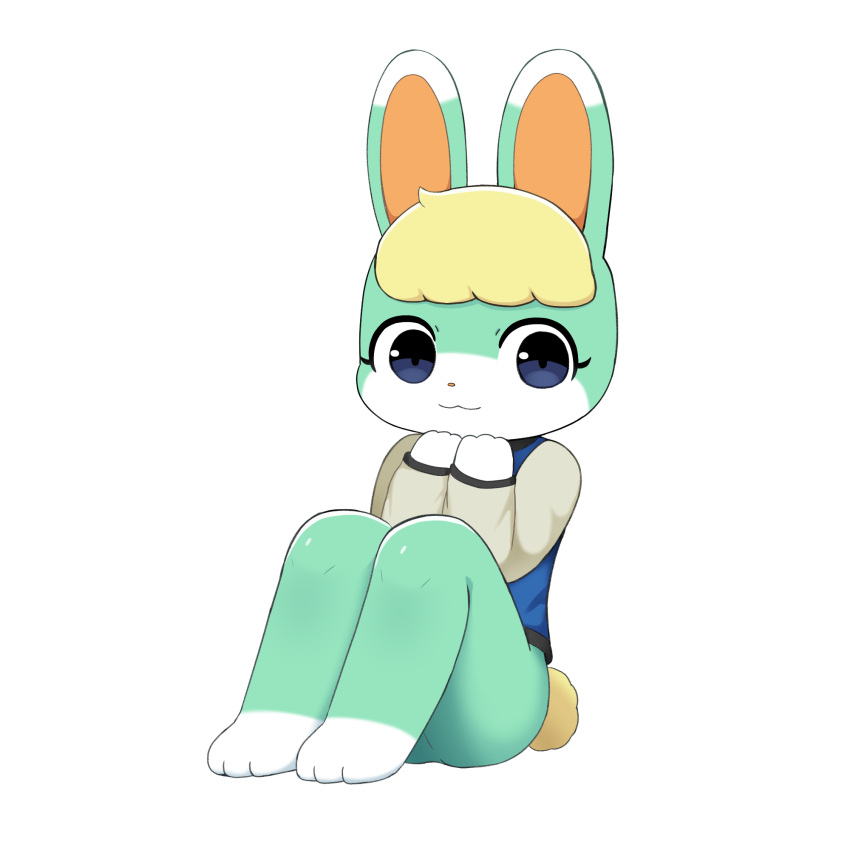 2024 animal_crossing anthro blonde_hair bottomless clothed clothing fur green_ears green_legs hair hi_res lagomorph leporid looking_at_viewer mammal multicolored_ears nintendo rabbit sasha_(animal_crossing) solo sum tail topwear topwear_only white_body white_ears yellow_tail