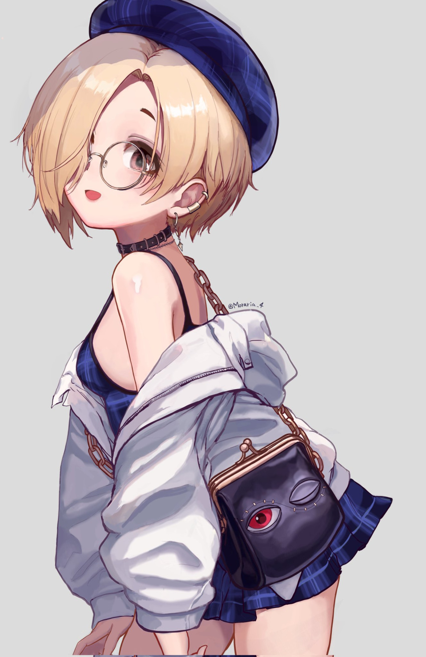 :d arms_at_sides bag bare_shoulders beret blue_dress blue_hair breasts corrupted_twitter_file cowboy_shot dress earrings female hair_over_one_eye hat highres idolmaster idolmaster_cinderella_girls jacket jewelry kiichirou off_shoulder plaid_clothes plaid_dress round_eyewear shirasaka_koume shoulder_bag simple_background small_breasts smile solo thighs white_jacket