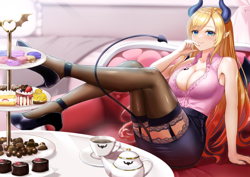 arm_support bat_tattoo black_footwear black_horns black_skirt blonde_hair blue_eyes breast_tattoo breasts brown_thighhighs cake center_frills chocolate cleavage couch cup curtains demon_girl demon_horns demon_tail demon_wings female food frilled_shirt frills garter_belt gradient_hair high_heels highres hololive horns indoors lace-trimmed_skirt lace-trimmed_thighhighs lace_trim large_breasts lava_cake legs legs_up long_hair looking_at_viewer macaron miniskirt multicolored_hair pencil_skirt pink_shirt plunging_neckline pointy_ears pumps red_hair saucer shirt single_sidelock sitting skirt solo strawberry_shortcake suzuki_(white-world) swept_bangs table tail tattoo teacup teapot thighhighs tiered_tray very_long_hair virtual_youtuber winged_heart winged_heart_tattoo wings yuzuki_choco yuzuki_choco_(1st_costume) zettai_ryouiki