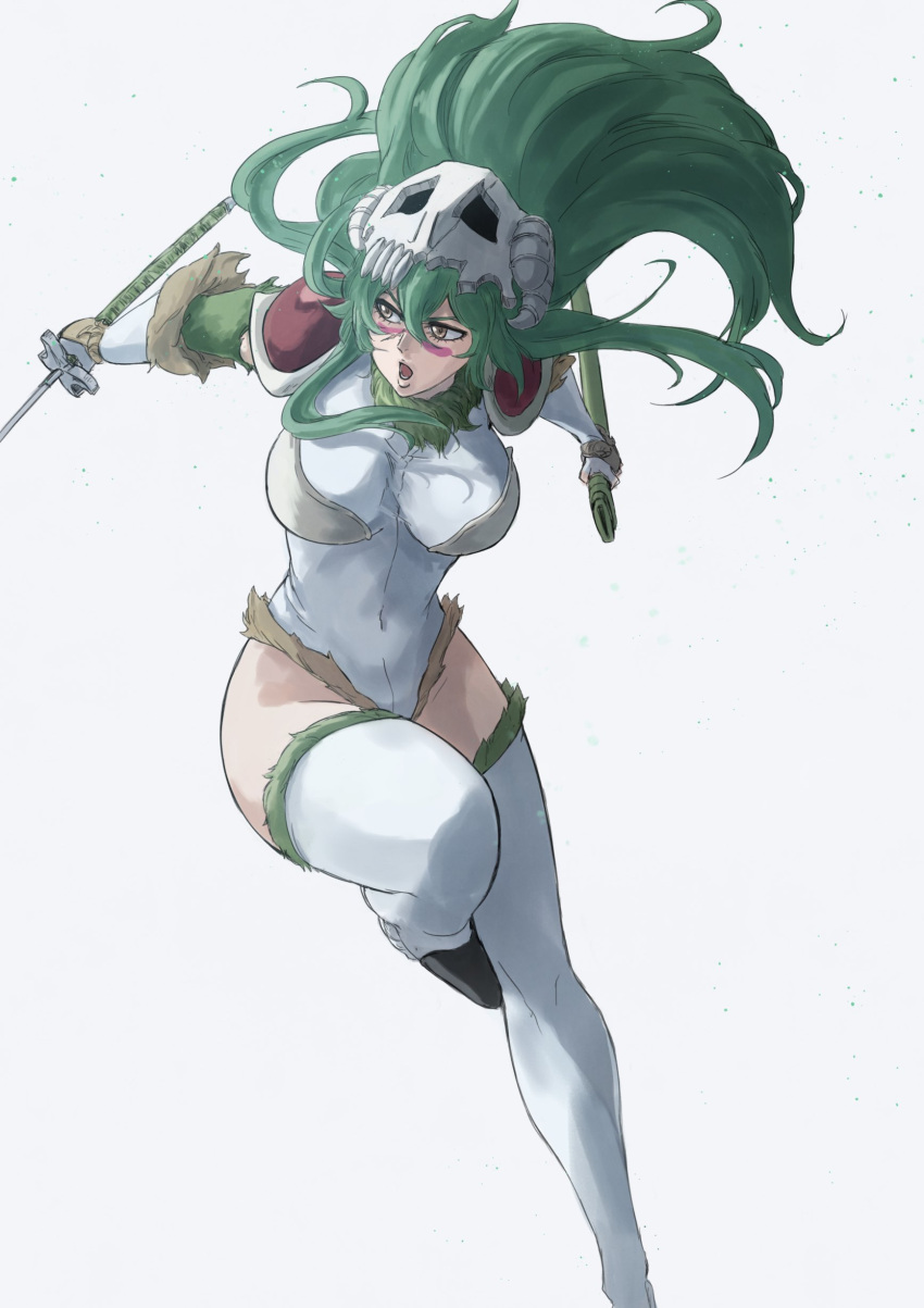 absurdres arrancar bleach bleach:_sennen_kessen-hen breasts covered_navel facial_mark female floating_hair green_hair hair_between_eyes highres holding holding_scabbard holding_sword holding_weapon hollow_(bleach) large_breasts leotard long_hair mask mitarashi_(5333069) navel nelliel_tu_odelschwanck skull skull_mask skull_on_head solo sword thighhighs weapon