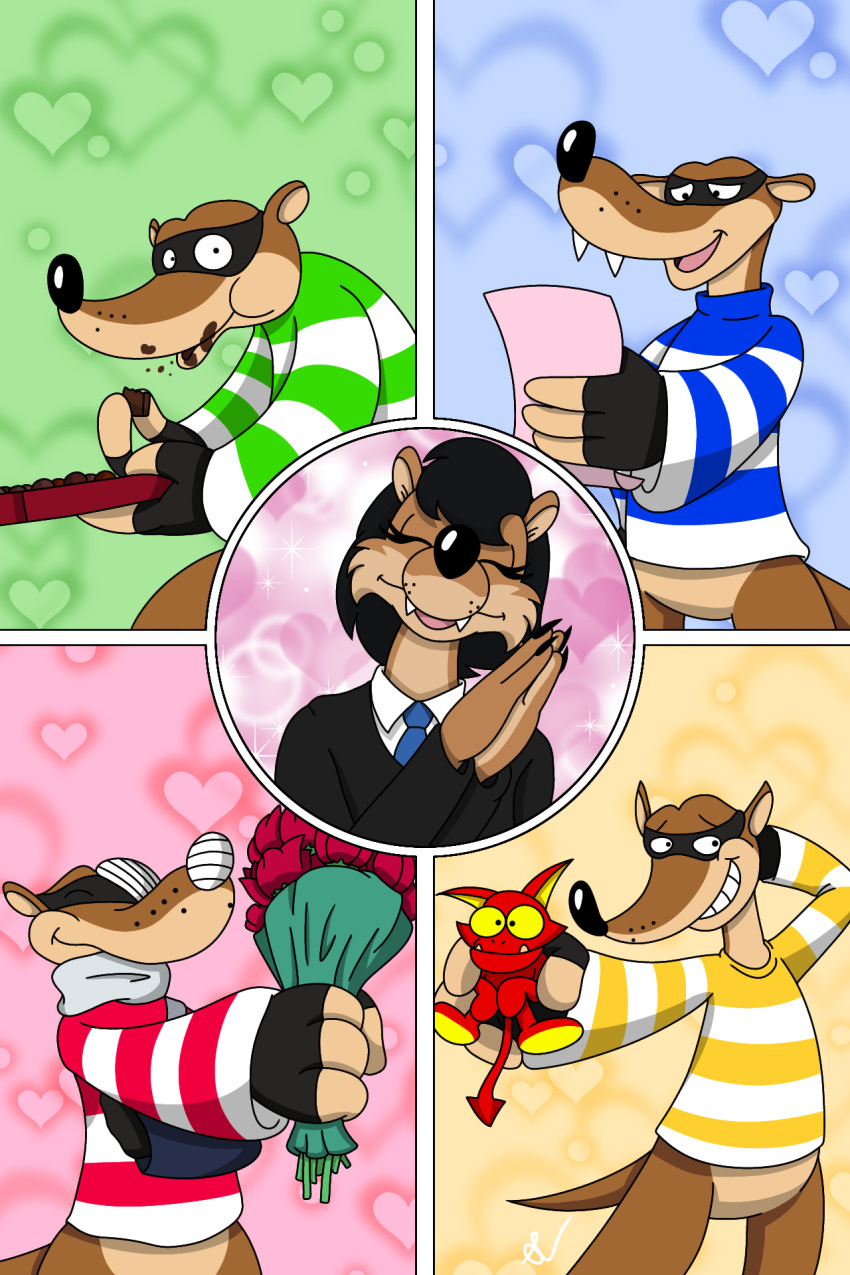 2:3 a_toon_rabbit_in_a_weasels'_den ali_(conker's_bad_fur_day) anthro bandage bandage_on_face bandage_on_nose bandaged_arm black_hair bouquet box_of_chocolates candy chicho_(conker's_bad_fur_day) chocolate clothing conker's_bad_fur_day dessert eye_mask female flattered flower flower_bouquet food frankie_(conker's_bad_fur_day) gianna_(kendraeevee) gift group hair hi_res male mammal mustelid musteline offering_gift pattern_clothing paulie_(conker's_bad_fur_day) plant plushie rareware rose_(flower) shenvalor striped_clothing stripes suit true_musteline weasel