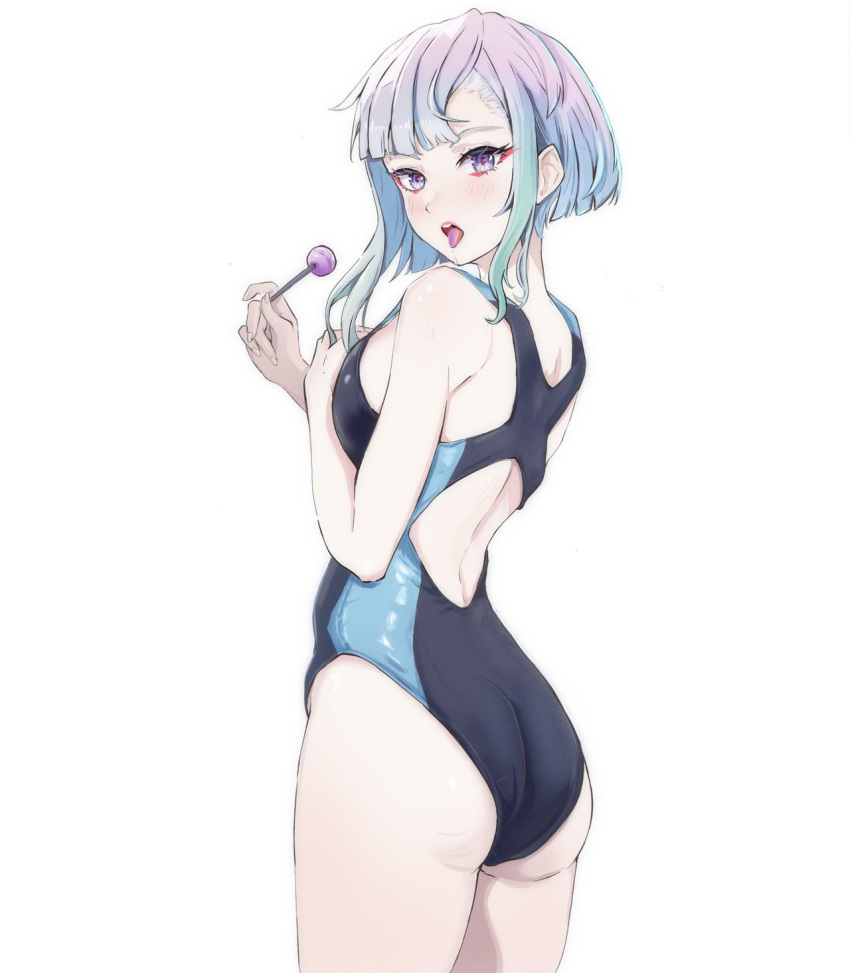 aqua_hair back_cutout blue_one-piece_swimsuit candy clothing_cutout commentary cyberpunk_(series) cyberpunk_edgerunners english_commentary female food from_behind gradient_hair highres holding holding_candy holding_food holding_lollipop lollipop long_sidelocks lucy_(cyberpunk) miserel multicolored_hair one-piece_swimsuit pink_hair purple_eyes short_hair sidelocks simple_background solo standing swimsuit tongue tongue_out two-tone_one-piece_swimsuit white_background