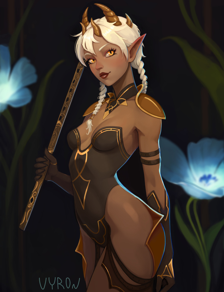 black_gloves black_leotard blue_flower blurry braid breasts brown_eyes cleavage commentary commission dark-skinned_female dark_skin depth_of_field detached_collar elbow_gloves elf fantasy flower flute gloves gold_trim highres holding holding_flute holding_instrument horns instrument leotard looking_at_viewer multiple_horns original pointy_ears shoulder_pads signature slit_pupils standing strapless strapless_leotard twin_braids vyron_s white_hair