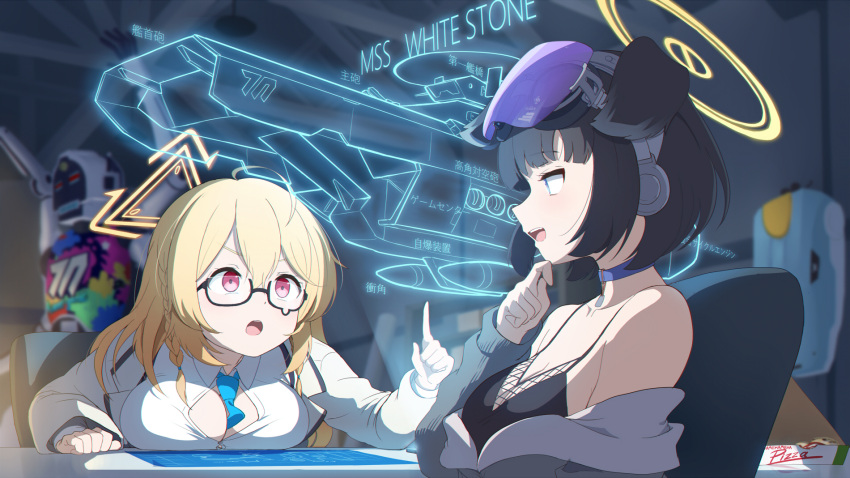 2girls animal_ears avant_garde_(blue_archive) bare_shoulders black_dress black_hair blonde_hair blue_archive blue_eyes blue_necktie braid breast_rest breasts breasts_on_table chair choker cleavage dog_ears dog_girl dress eyewear_on_head food goggles goggles_on_head halo hamachikichiki hand_on_own_chin hand_on_table hibiki_(blue_archive) highres jacket jacket_partially_removed kotori_(blue_archive) large_breasts long_hair long_sleeves multiple_girls necktie on_chair pizza pointing purple_choker red_eyes robot short_hair yellow_halo