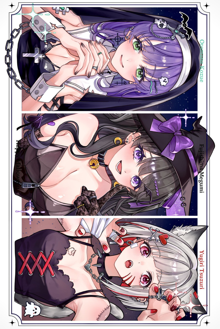 3girls :d :o animal_ears bandaged_hand bandages bell black_coif black_collar black_dress black_gloves black_hat black_leotard blush bob_cut bone_hair_ornament border bow breasts brown_hair character_name cleavage closed_mouth coif collar collarbone colored_inner_hair commentary crescent crescent_earrings cross-laced_clothes cross-laced_top cross_hair_ornament diagonal_bangs dress earrings elbow_gloves fake_animal_ears fujishima_megumi ghost_hair_ornament gloves green_eyes grey_hair grey_nails hair_intakes hair_ornament halloween_costume hat hat_bow heart heart_hair_ornament highres index_finger_raised interlocked_fingers inverted_bob jewelry jingle_bell lace lace_gloves large_breasts leotard link!_like!_love_live! long_hair long_sleeves looking_at_viewer love_live! multicolored_hair multiple_girls neck_bell nin_(niyuu_mo9) nun open_mouth otomune_kozue outside_border own_hands_together pink_eyes purple_bow purple_eyes purple_hair purple_ribbon red_hair red_nails ribbon short_hair sidelocks sideways skull_hair_ornament sleeveless sleeveless_dress small_breasts smile spiked_collar spikes strapless strapless_leotard streaked_hair twitter_username upper_body virtual_youtuber white_border white_wrist_cuffs witch_hat wolf_ears wrist_cuffs x_hair_ornament yugiri_tsuzuri