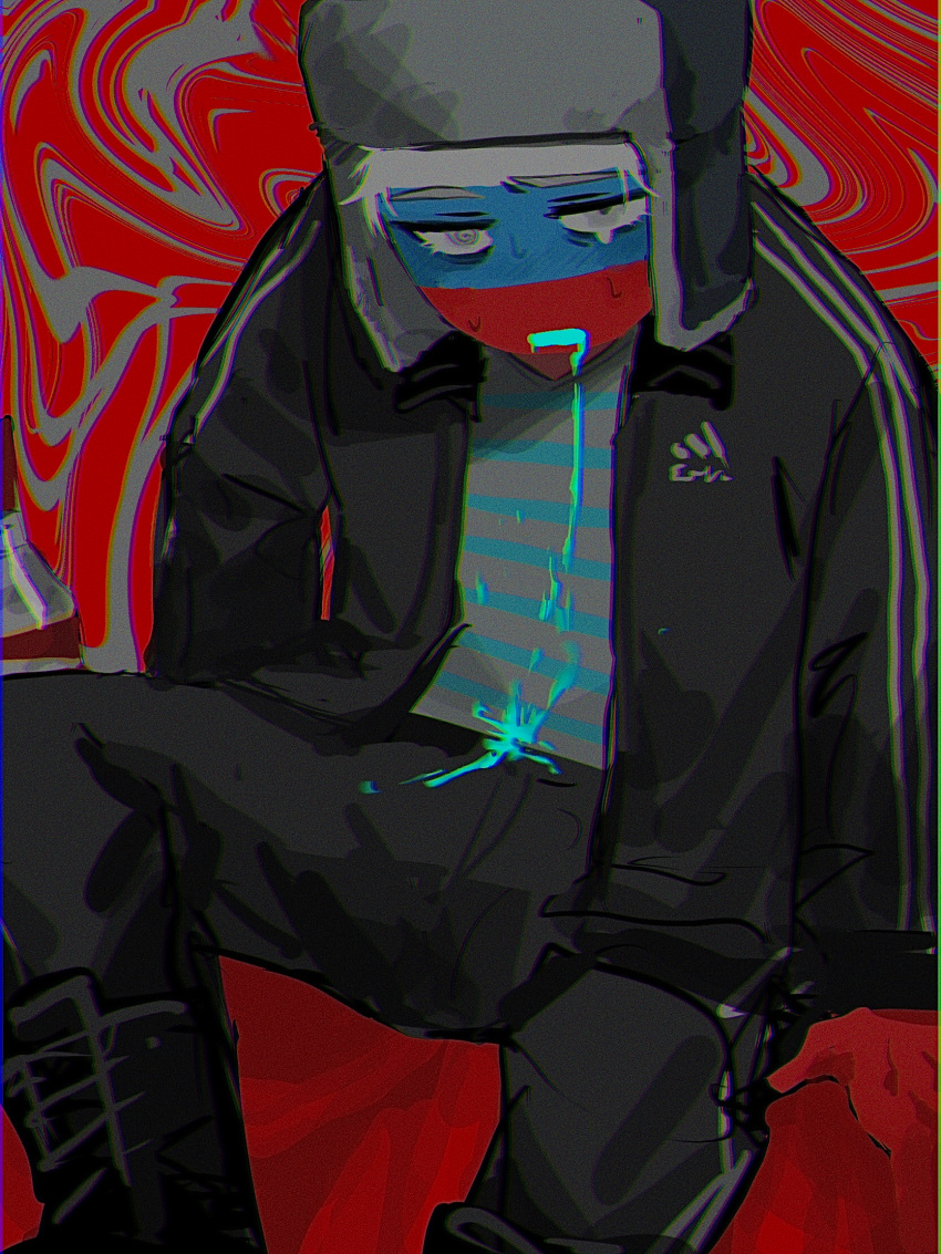 1boy adidas black_footwear black_hat black_jacket black_pants black_track_suit boots countryhumans fur_hat hat highres jacket liquid_from_mouth looking_at_viewer open_mouth pants russia_(countryhumans) russian_flag saboten92 solo sweat track_suit ushanka white_eyes white_hair