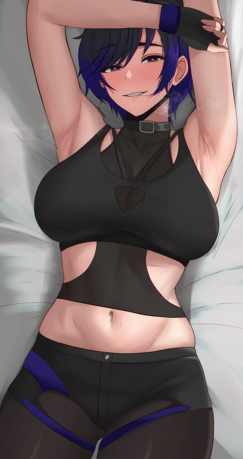 1girls abs armpits bed bedroom big_breasts edmun female female_only fully_clothed heart-shaped_pupils light-skinned_female looking_at_viewer navel reina_mishima solo steam steaming_body sweat sweaty_armpits tekken tekken_8