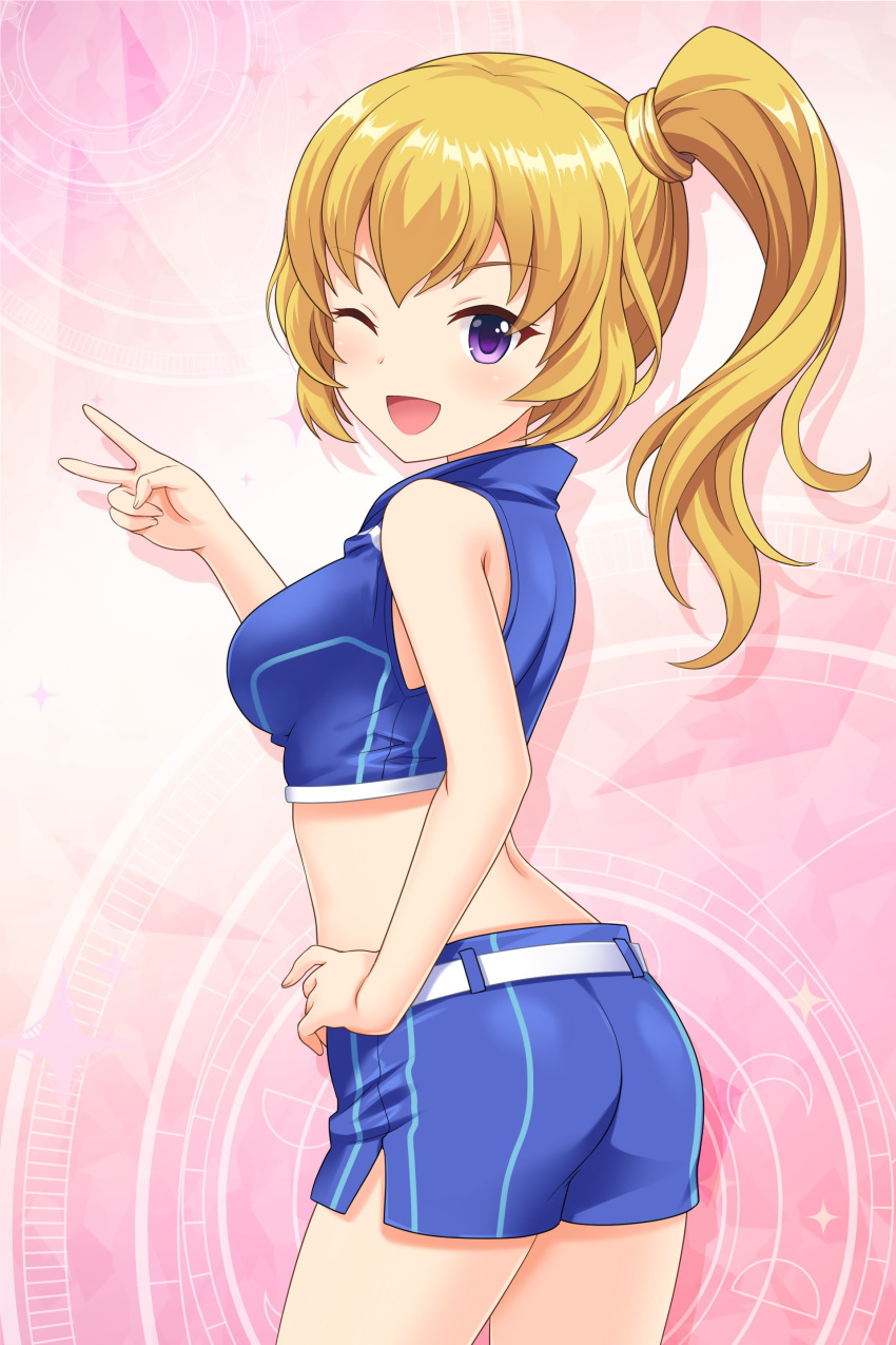 ;d absurdres alternative_girls ass bare_shoulders belt blonde_hair blue_jacket blue_shorts blush commentary_request crop_top female hair_between_eyes hand_on_own_hip high_side_ponytail highres jacket long_hair looking_at_viewer midriff mizushima_airi official_art one_eye_closed open_mouth pink_background purple_eyes race_queen shorts side_ponytail simple_background smile solo standing v