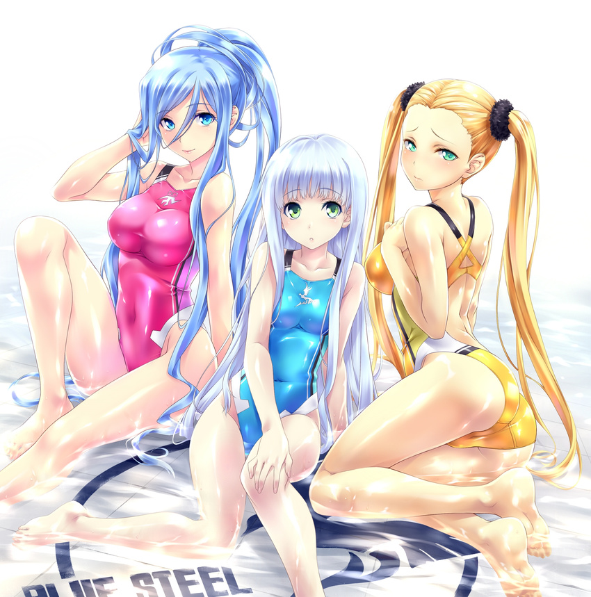 3girls aoki_hagane_no_arpeggio aqua_swimsuit arm_support arms ass back bangs bare_shoulders barefoot blonde_hair blue_eyes blue_hair blue_swimsuit blush breast_suppress breasts clothed_navel collarbone competition_swimsuit ear embarrassed english feet female fingernails floor foreshortening green_eyes hair_between_eyes hair_tucking hand_on_knee hands haruna_(aoki_hagane_no_arpeggio) highres hips iona knee_up knees large_breasts legs lips long_hair looking_at_viewer looking_back mound_of_venus multiple_girls nagayori on_floor one-piece_swimsuit parted_lips partially_submerged photoshop pink_swimsuit ponytail shiny shiny_clothes shiny_hair shiny_skin silver_hair simple_background sitting smile soles swept_bangs swimsuit takao_(aoki_hagane_no_arpeggio) text thighs tiles toes twintails very_long_hair water wet white_background yellow_swimsuit