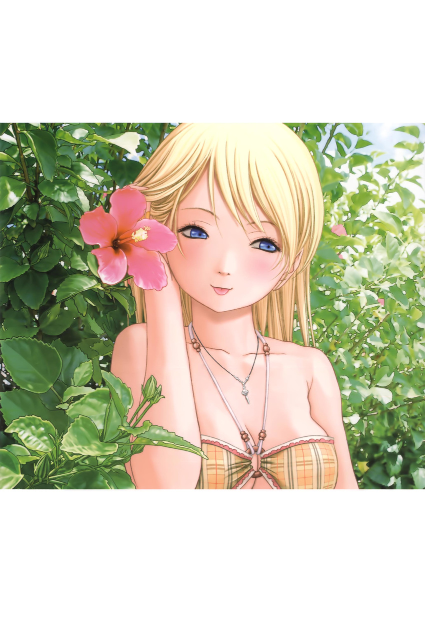 :p absurdres artbook bandeau bare_shoulders bikini blonde_hair blue_eyes breasts btooom! cleavage collarbone female flower halterneck hand_in_own_hair hand_up hibiscus highres himiko_(btooom!) inoue_jun'ya jewelry long_hair looking_to_the_side medium_breasts necklace o-ring o-ring_top official_art orange_bikini pendant plaid plaid_bikini solo swimsuit tongue tongue_out tree upper_body