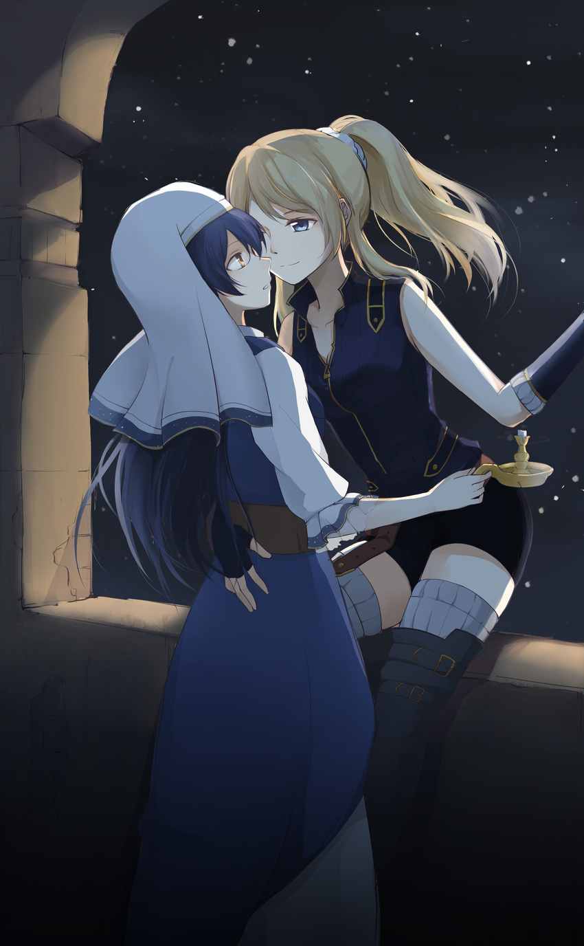 2girls absurdres arm_around_waist ayase_eli black_footwear black_gloves blonde_hair blue_eyes blue_hair blue_shirt boots brown_eyes candlestand collarbone commentary_request dress elbow_gloves eye_contact face-to-face fingerless_gloves floating_hair gemi_25 gloves grey_legwear habit hair_between_eyes high_ponytail highres imminent_kiss long_hair looking_at_another love_live! love_live!_school_idol_festival love_live!_school_idol_project multiple_girls night night_sky nun parted_lips phantom_thief_erichika photoshop_(medium) ponytail shirt sitting_in_window sky sleeveless sleeveless_shirt smile sonoda_umi star_(sky) starry_sky thigh_boots thighhighs window yuri zipper