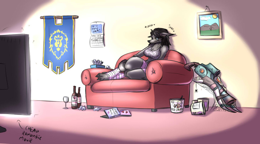 2016 alcohol anthro beverage blizzard_entertainment bodily_fluids canid canine crying electronics female furniture lying mammal mythological_canine mythological_creature mythology sofa solo tacticalfur tears television tissue warcraft weapon were werecanid werecanine werewolf wine wine_bottle worgen