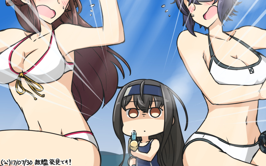 3girls bikini black_hair blush breasts brown_eyes brown_hair commentary_request cosplay dated emphasis_lines empty_eyes front-tie_bikini_top front-tie_top hamu_koutarou hatsushimo_(kancolle) headband highres kantai_collection kongou_(kancolle) long_hair medium_breasts multiple_girls navel official_alternate_costume one-piece_swimsuit out_of_frame purple_hair remodel_(kantai_collection) shaded_face short_hair swimsuit tenryuu_(kancolle) tenryuu_(swimsuit_mode)_(kancolle) water_gun white_bikini yamato_(kancolle) yamato_(kancolle)_(cosplay)