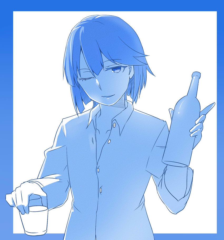 ;) alcohol bad_id bad_pixiv_id blue_theme border bottle dress_shirt female glass highres index_finger_raised looking_at_viewer lulu_heika mole mole_under_eye monochrome nelson_(warship_girls_r) one_eye_closed shirt short_hair smile solo unbuttoned warship_girls_r