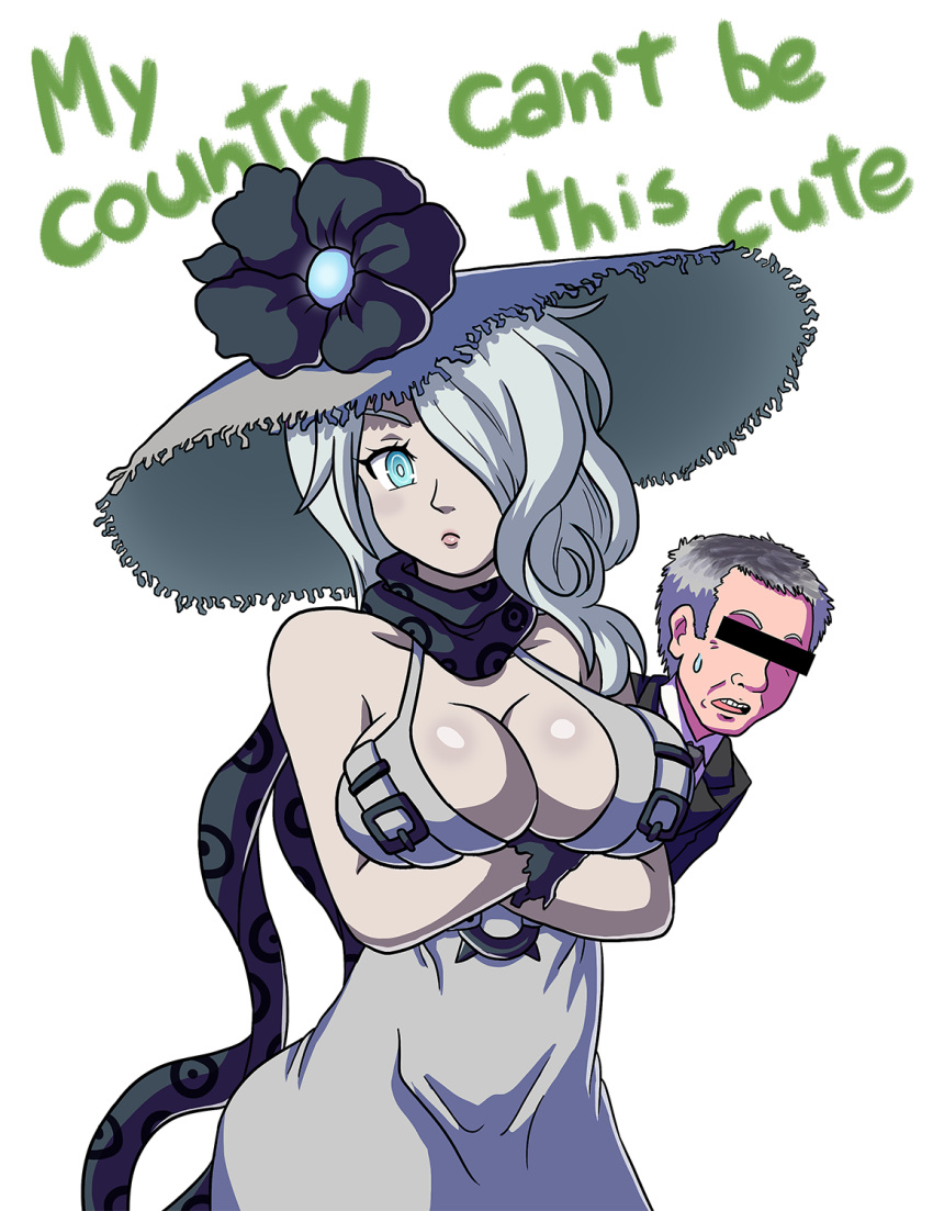 1boy aqua_eyes black_gloves breasts can't_be_this_cute censored cleavage commentary copyright_notice crossed_arms dress english_commentary female gloves grey_hair hair_over_one_eye hat highres ian_dimas identity_censor kantai_collection large_breasts lee_hsien_loong meme open_mouth ore_no_imouto_ga_konna_ni_kawaii_wake_ga_nai parody pout real_life scarf seaport_summer_princess singapore teeth title_parody