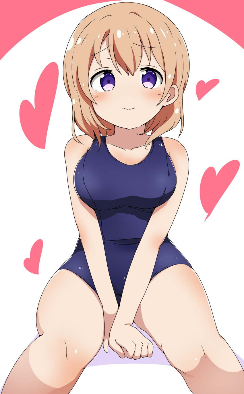 absurdres breasts commentary female gochuumon_wa_usagi_desu_ka? heart highres hoto_cocoa large_breasts looking_at_viewer one-piece_swimsuit orange_hair purple_eyes riyo_(aokiwazumi) school_swimsuit sitting solo swimsuit white_background