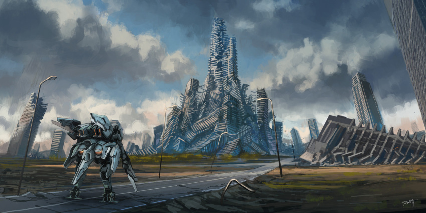 absurdres building city cloud commentary gun highres intersection karamas lamppost mecha no_humans original outdoors realistic road robot ruins scenery science_fiction signature sky sword weapon