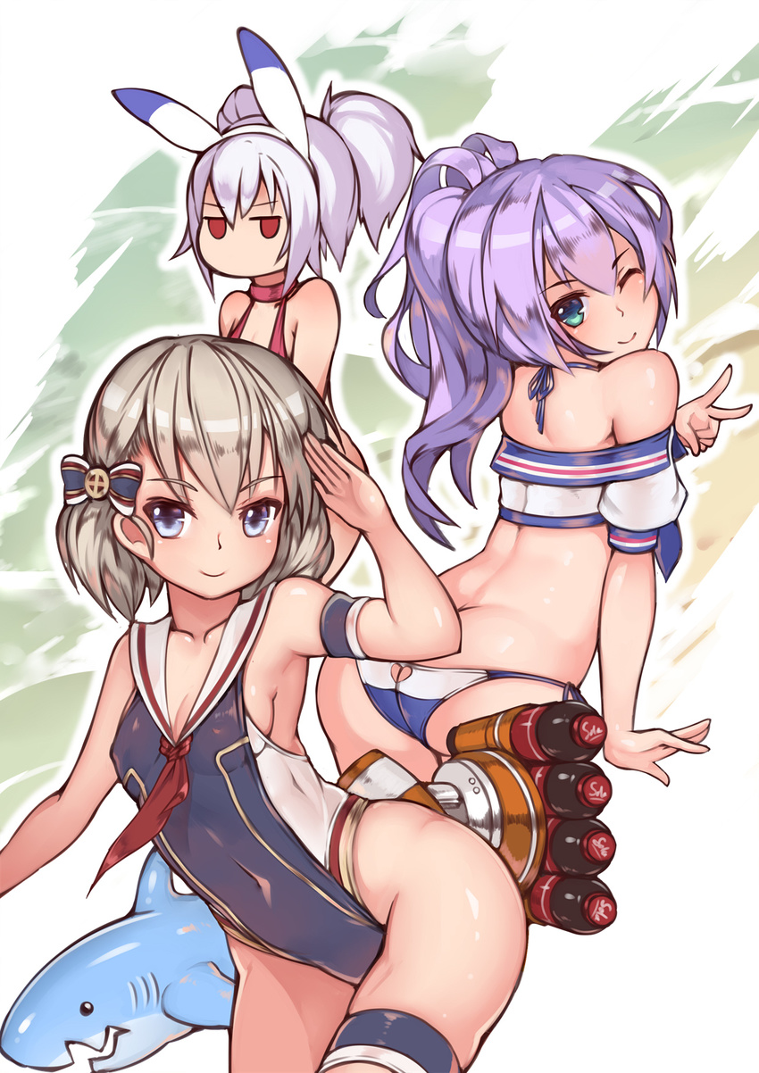 3girls animal_ears arm_up ass azur_lane bare_shoulders blue_eyes blush butt_crack chinese_commentary closed_mouth collarbone commentary_request covered_navel green_eyes hair_between_eyes hairband halterneck highres inflatable_shark inflatable_toy javelin_(azur_lane) jitome laffey_(azur_lane) looking_back multiple_girls neckerchief one-piece_swimsuit one_eye_closed ponytail purple_hair rabbit_ears red_eyes red_neckerchief rigging sailor_collar sidelocks smile stmast swimsuit thigh_strap thighs twintails v wavy_hair white_hair z23_(azur_lane)