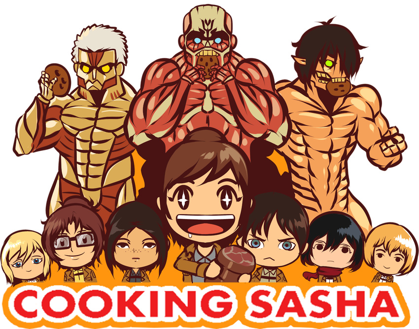 +_+ :> :< armin_arlert armored_titan artist_request black_hair blonde_hair blue_eyes brown_hair character_request christa_renz colossal_titan cookie cooking_mama eren_yeager food hange_zoe meat mikasa_ackerman parody rogue_titan sasha_braus scarf shingeki_no_kyojin shwig sunglasses ymir_(shingeki_no_kyojin)