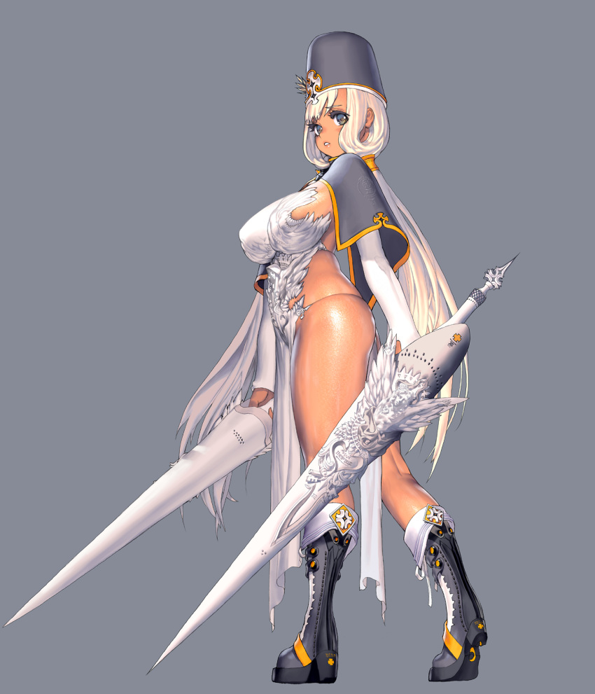 boots breasts capelet commentary_request curvy dark-skinned_female dark_skin destiny_child dual_wielding female from_side full_body hat high_heel_boots high_heels highres holding holding_weapon kim_hyung_tae lance large_breasts long_hair looking_at_viewer looking_to_the_side low_twintails maat_(destiny_child) mitre official_art parted_lips pelvic_curtain plump polearm revealing_clothes silver_hair solo standing twintails very_long_hair weapon