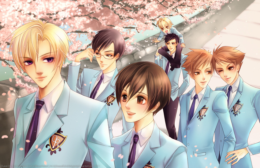 1_female 6+boys 6_males black_hair blazer blonde_hair brothers brown_eyes brown_hair cherry_blossoms cherry_tree female flower fujioka_haruhi glasses haninozuka_mitsukuni hitachiin_hikaru hitachiin_kaoru morinozuka_takashi multiple_boys ootori_kyouya orange_hair ouran_high_school_host_club saucer school_uniform shoulder_carry siblings smile suou_tamaki trap wink