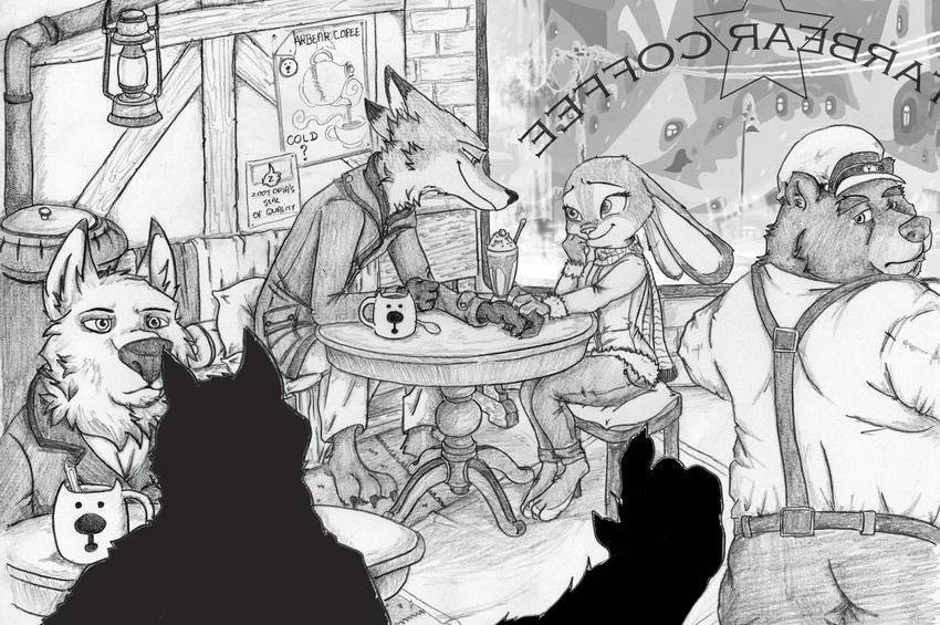 2016 absurd_res anthro bear canid canine canis clothed clothing coffee_mug cutlery disney duo english_text female fox hi_res jacket judy_hopps kitchen_utensils lagomorph leporid male mammal monochrome nick_wilde rabbit red_fox scarf shadow-gate spoon text tools topwear true_fox wolf zootopia