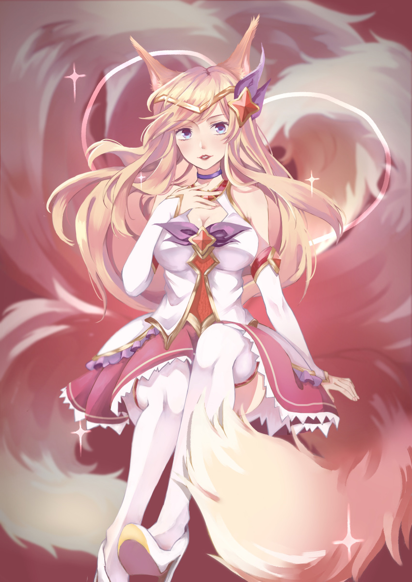 ahri alternate_costume alternate_eye_color alternate_hair_color animal_ears breasts choker cleavage detached_sleeves female fox_ears fox_tail hair_ornament hairband high_heels league_of_legends legs lipstick long_hair long_legs magical_girl multiple_tails peach_hair skirt star_guardian_ahri stiletto_heels tail thighhighs thighs white_legwear