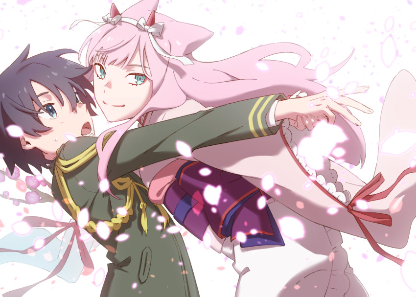 1boy agemaki_kei agemaki_kei_(cosplay) black_hair blue_eyes commentary_request cosplay couple crossover darling_in_the_franxx double_horizontal_stripe female gold_trim green_eyes hair_ornament highres hiro_(darling_in_the_franxx) holding_hands horns japanese_clothes kimono leje39 long_hair long_sleeves looking_at_another looking_at_viewer military military_uniform obi oni_horns open_mouth otome_youkai_zakuro petals pink_hair pink_kimono protected_link red_horns sash straight sweatdrop teeth tied_hair uniform zakuro_(otome_youkai_zakuro) zakuro_(otome_youkai_zakuro)_(cosplay) zero_two_(darling_in_the_franxx)