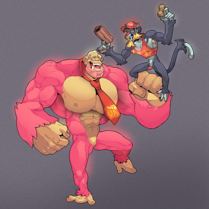 1:1 abs absurd_res anthro ape beard clothing dialogue diddy_kong donkey_kong_(character) donkey_kong_(series) duo english_text facial_hair fangs floatiesoda food fruit gorilla gun haplorhine hat headgear headwear hi_res legume male mammal mandrill monkey muscular muscular_male necktie nintendo nipples nut_(fruit) old_world_monkey open_mouth peanut_(food) pecs plant primate ranged_weapon shirt size_difference tank_top teeth text text_on_necktie topwear weapon