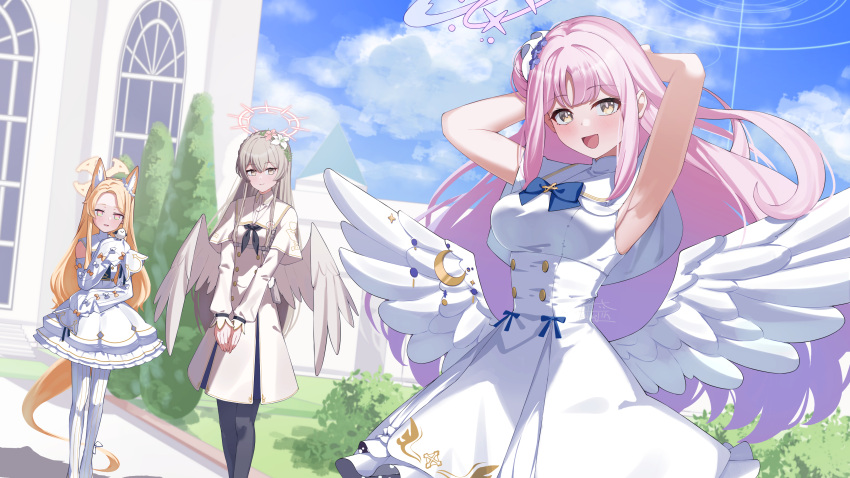 3girls absurdres angel_wings animal_ear_fluff animal_ears armpits arms_behind_head arms_up bird bird_on_hand black_neckerchief blonde_hair blue_archive blush breasts capelet closed_mouth commentary_request cross_halo day dress feathered_wings flower fox_ears fox_girl fukujin grey_hair hair_bun hair_flower hair_ornament halo highres large_breasts long_hair long_sleeves looking_at_viewer low_wings mika_(blue_archive) multiple_girls nagisa_(blue_archive) neckerchief open_mouth outdoors pantyhose pink_hair pink_halo presenting_armpit seia_(blue_archive) single_side_bun sleeveless sleeveless_dress sleeves_past_fingers sleeves_past_wrists smile standing striped_clothes striped_pantyhose tea_party_(blue_archive) v_arms vertical-striped_clothes vertical-striped_pantyhose white_bird white_capelet white_dress white_pantyhose white_wings wing_ornament wings yellow_eyes yellow_halo