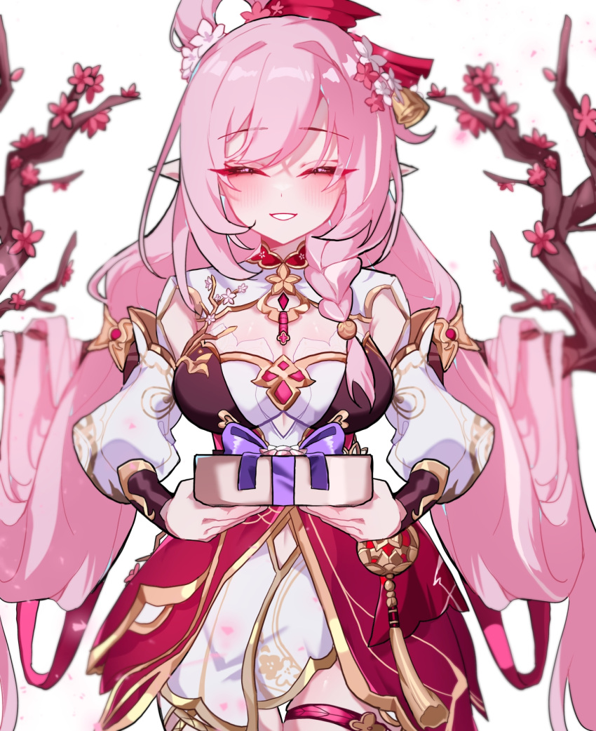 bell braid branch breasts cherry_blossoms chinese_clothes closed_eyes closed_mouth commentary_request cowboy_shot dduehddueh dress elf elysia_(herrscher_of_human:_ego)_(honkai_impact) elysia_(honkai_impact) elysia_(peachy_spring)_(honkai_impact) female flower gift hair_bell hair_flower hair_ornament highres holding holding_gift honkai_(series) honkai_impact_3rd korean_text large_breasts long_sleeves official_alternate_costume parted_lips pointy_ears puffy_long_sleeves puffy_sleeves red_dress simple_background single_braid smile solo speech_bubble white_background