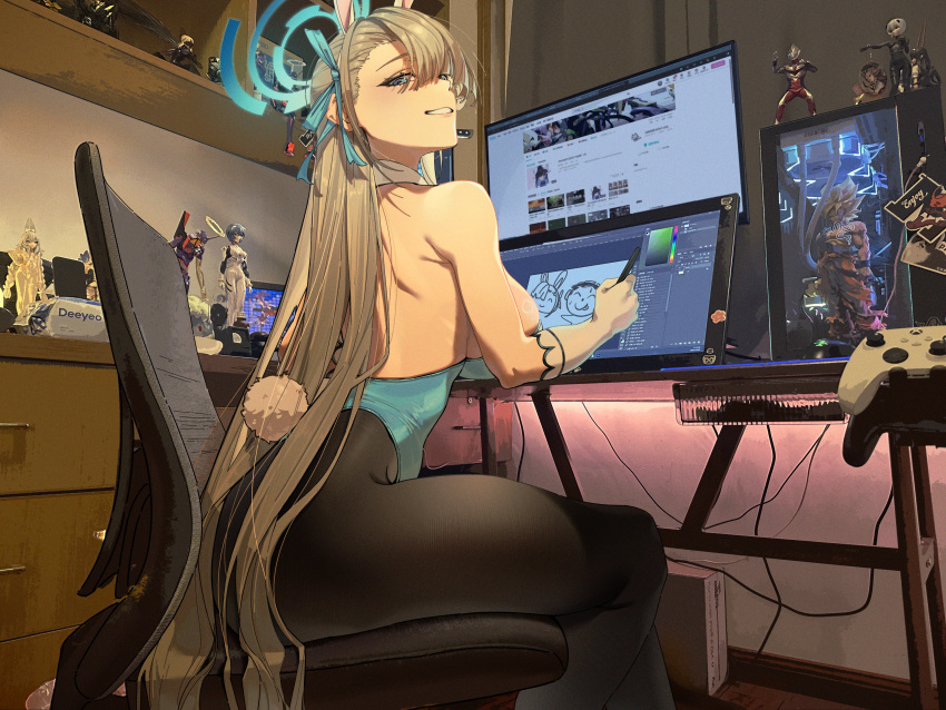 absurdres animal_ears armpit_crease artoria_pendragon_(fate) asuna_(blue_archive) asuna_(bunny)_(blue_archive) ayanami_rei azur_lane backless_leotard black_pantyhose blonde_hair blue_archive blue_eyes blue_halo blue_leotard breasts cable chair character_request chinese_commentary computer computer_tower curtains desk doodle_sensei_(blue_archive) dragon_ball dragon_ball_z drawing_tablet eva_01 evangelion:_3.0_you_can_(not)_redo fake_animal_ears fate/stay_night fate_(series) female figure from_side gloves grin hair_ribbon halo highleg highleg_leotard highres holding holding_stylus large_breasts le_malin_(azur_lane) le_malin_(listless_lapin)_(azur_lane) leotard long_hair looking_at_viewer mecha_pilot_suit monitor neon_genesis_evangelion office_chair official_alternate_costume otaku otaku_room pantyhose photo_background playboy_bunny plugsuit rabbit_ears rabbit_tail rebuild_of_evangelion revision ribbon saber_alter sensei_(blue_archive) shelf sitting smile solo son_goku stylus super_saiyan swivel_chair tail thighs ultra_series ultraman_tiga ultraman_tiga_(series) uthspsk very_long_hair white_gloves xbox_controller