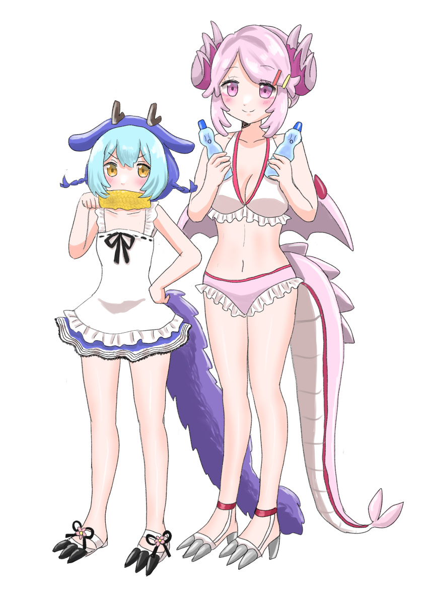 2girls absurdres arms_up bikini blue_hair blush bottle breasts cleavage collarbone corn dragon_girl dragon_horns dragon_tail dragon_wings duel_monster eating flat_chest frilled_bikini frills hair_ornament hand_on_own_hip highres horns large_breasts laundry_dragonmaid multiple_girls namenekorin navel nurse_dragonmaid one-piece_swimsuit orange_eyes pink_bikini pink_eyes swimsuit tail water_bottle white_footwear white_one-piece_swimsuit wings yu-gi-oh!