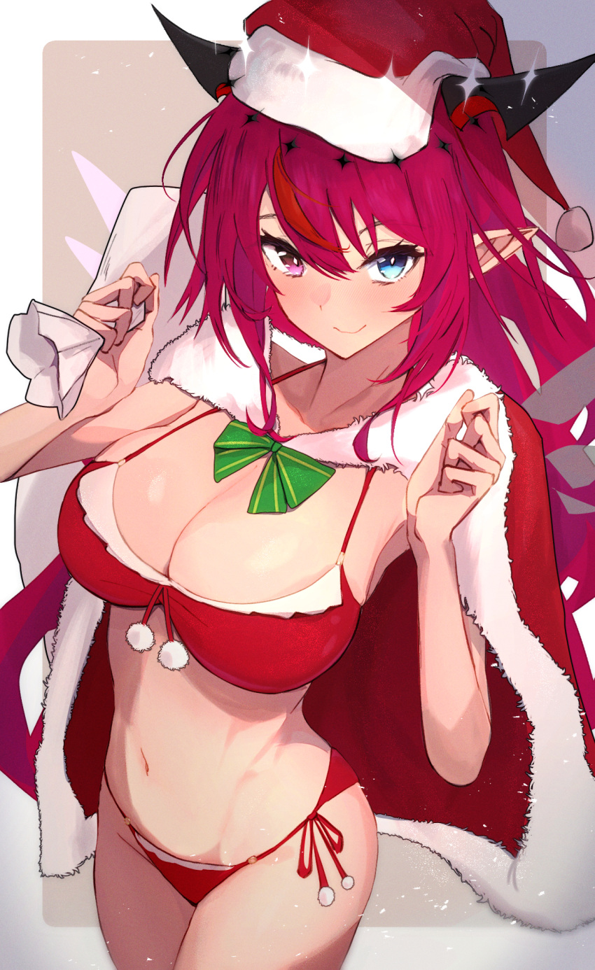 asymmetrical_wings bag bikini blue_eyes bobbles bow breasts cape christmas cleavage commentary cropped_legs crystal_wings double_halo female fur_trim getto green_bow halo hat heterochromia highres holding holding_bag hololive hololive_english horns irys_(hololive) large_breasts long_hair looking_at_viewer mismatched_wings navel purple_eyes red_bikini red_cape red_hair santa_bikini santa_hat side-tie_bikini_bottom simple_background smile solo stomach swimsuit symbol-only_commentary virtual_youtuber wings