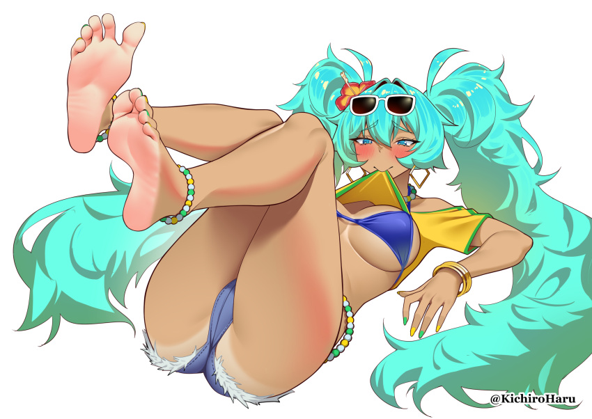 anklet aqua_eyes aqua_hair bare_legs bare_shoulders barefoot bead_anklet beads bikini bikini_under_clothes blush bracelet brazilian_miku breasts clothes_lift commission cutoffs dark-skinned_female dark_skin denim denim_shorts earrings english_commentary eyewear_on_head feet feet_up female flower foot_focus furrowed_brow gold_earrings green_nails hair_between_eyes hair_flower hair_ornament haruse_(kichiroharuse) hatsune_miku highres jewelry knees_up large_breasts legs long_hair looking_at_viewer lying mouth_hold nail_polish on_back pixiv_commission rectangular_earrings shirt shirt_lift shorts shorts_tan soles solo swimsuit tan tanlines thick_thighs thighs toenail_polish toenails toes twintails twitter_username very_long_hair vocaloid white-framed_eyewear yellow_nails yellow_shirt