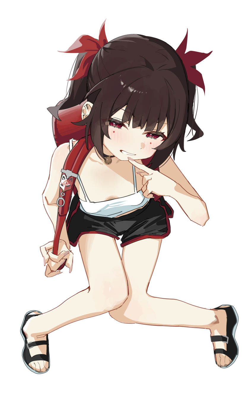 absurdres aged_down backpack bag bag_charm bell black_choker black_shorts blush breasts brown_hair camisole charm_(object) choker female finger_to_mouth fox_mask from_above full_body highres honkai:_star_rail honkai_(series) jingle_bell knees_together_feet_apart looking_at_viewer mark_under_both_eyes mask neck_bell randoseru red_bag red_eyes sandals short_hair short_shorts shorts sidelocks simple_background small_breasts smile solo sparkle_(honkai:_star_rail) syhan teeth thigh_gap twintails white_background white_camisole