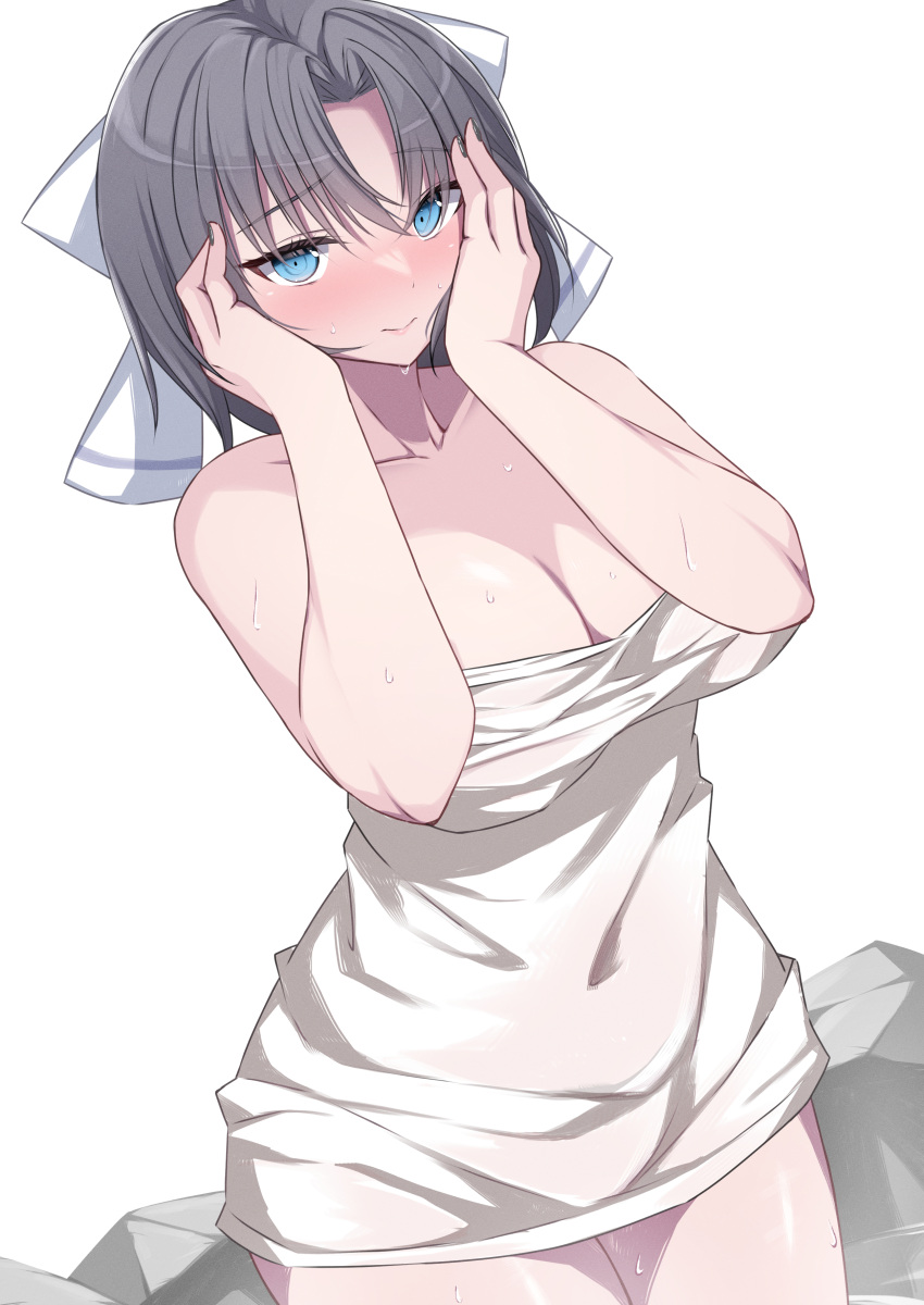 absurdres bare_arms blue_eyes blush breasts chimunge cleavage closed_mouth commentary_request covered_navel female grey_hair hair_ribbon hands_on_own_face highres large_breasts looking_at_viewer naked_towel onsen ribbon senran_kagura senran_kagura_estival_versus senran_kagura_shinovi_versus short_hair simple_background solo standing towel wet white_background yumi_(senran_kagura)