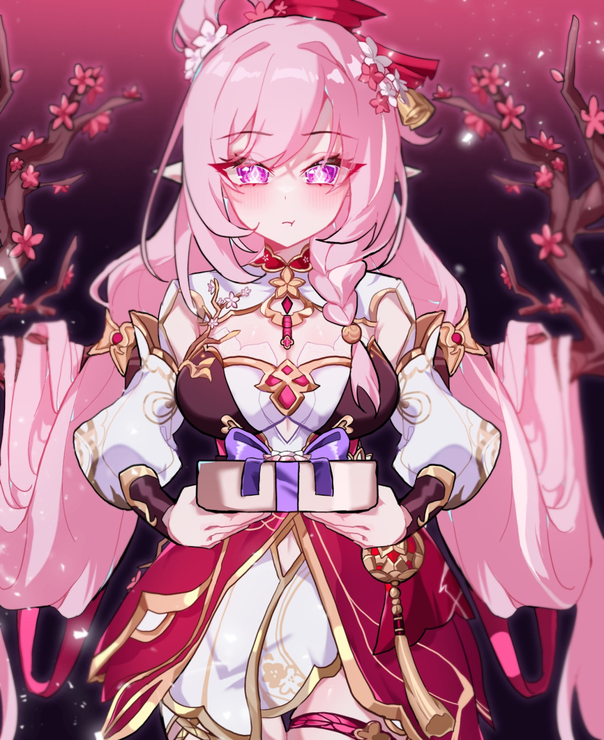 bell braid branch breasts cherry_blossoms chinese_clothes closed_mouth commentary_request cowboy_shot dduehddueh diamond-shaped_pupils diamond_(shape) dress elf elysia_(herrscher_of_human:_ego)_(honkai_impact) elysia_(honkai_impact) elysia_(peachy_spring)_(honkai_impact) female flower gift hair_bell hair_flower hair_ornament highres holding holding_gift honkai_(series) honkai_impact_3rd korean_text large_breasts long_sleeves official_alternate_costume pointy_ears pout puffy_long_sleeves puffy_sleeves purple_background purple_eyes red_dress single_braid solo speech_bubble symbol-shaped_pupils