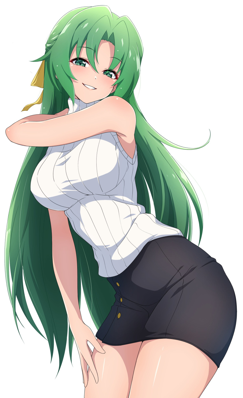 absurdres armpit_crease black_skirt bow breasts curtained_hair female green_eyes green_hair hair_between_eyes hand_on_own_thigh highres higurashi_no_naku_koro_ni large_breasts long_hair looking_at_viewer miniskirt nishizuki_shino open_mouth pencil_skirt ribbon simple_background skirt sleeveless sleeveless_sweater smile solo sonozaki_shion sweater teeth very_long_hair white_background white_sweater yellow_bow yellow_ribbon