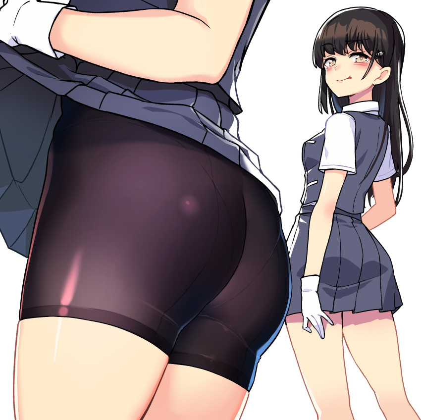 absurdres ass bike_shorts bike_shorts_under_skirt black_hair black_shorts blush brown_eyes clothes_lift collared_shirt dress_shirt feet_out_of_frame female from_behind gloves good_ass_day grey_skirt grey_vest hayashio_(kancolle) highres kantai_collection lifting_own_clothes long_hair looking_at_viewer mole mole_under_eye multiple_views panties_under_bike_shorts pantylines pleated_skirt school_uniform shirt short_sleeves shorts shorts_under_skirt simple_background skirt skirt_lift smile taketora_suzume vest white_background white_gloves white_shirt