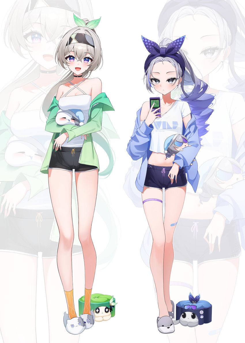 2girls :d absurdres bare_legs bare_shoulders black_shorts blue_jacket criss-cross_halter firefly_(honkai:_star_rail) forehead green_jacket grey_eyes grey_hair grey_hairband hair_ornament hairband halterneck highres honkai:_star_rail honkai_(series) jacket long_hair long_sleeves looking_at_viewer multiple_girls off_shoulder open_clothes open_jacket open_mouth purple_eyes shirt short_shorts shorts silver_wolf_(honkai:_star_rail) slippers smile standing tiokun7 very_long_hair white_shirt wubbaboo_(honkai:_star_rail) zoom_layer