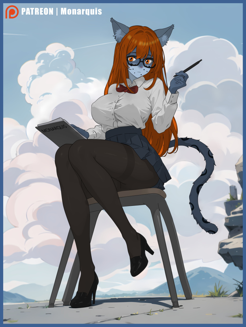 absurd_res anthro bottomwear business_suit clothing drawing eyewear felid female footwear glasses hi_res high_heels mammal momo_(monarquis) monarquis pantherine secretary shirt shoes skirt snow_leopard solo suit topwear