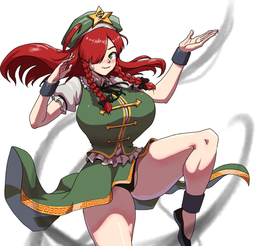 black_bow black_footwear black_panties bow chinese_clothes female green_eyes green_hat hair_over_one_eye hairbow hat hong_meiling long_hair maodou_lu panties red_hair simple_background solo standing standing_on_one_leg sweat thighs touhou underwear white_background