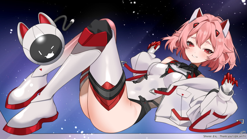 ass blush breasts commission cyborg female hair_ornament highres indie_virtual_youtuber jacket k_(art71) leotard long_sleeves mechanical_ears mechanical_hands mechanical_legs open_clothes open_jacket pink_hair red_eyes shivrer_(vtuber) short_hair skeb_commission smile snowing solo twitter_username virtual_youtuber white_jacket white_leotard