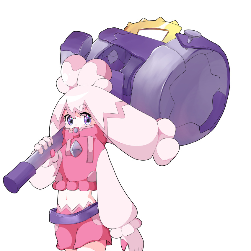 absurdres covered_mouth female hammer highres holding holding_hammer holding_weapon long_hair matsuri_iv navel over_shoulder personification pink_hair pink_shorts pokemon shorts simple_background solo thick_eyebrows tinkaton weapon weapon_over_shoulder white_background