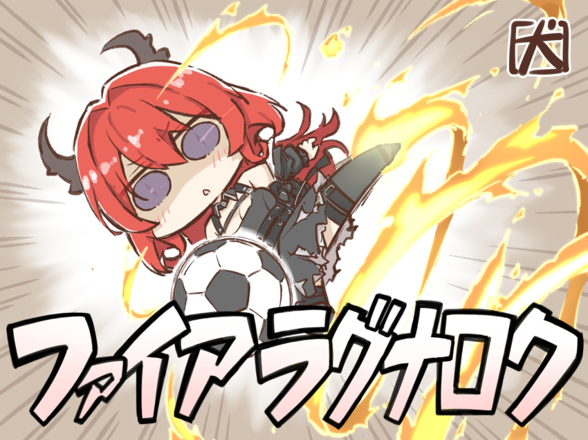 akanotanin13 arknights ball black_dress burnt_clothes chest_strap chibi commentary_request demon_girl demon_horns dress female horns inazuma_eleven_(series) long_hair parody purple_eyes red_hair signature soccer_ball solo surtr_(arknights) thighhighs translation_request